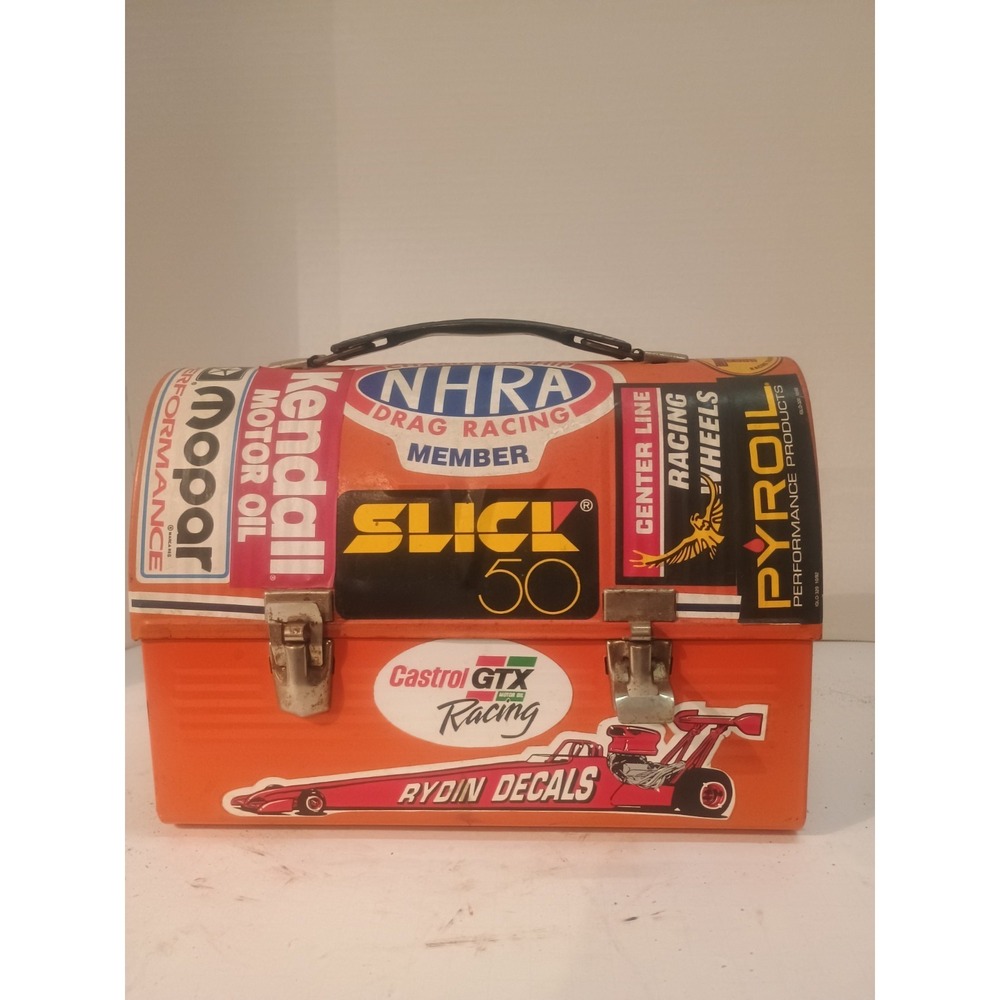 Vintage Orange Painted Metal Lunchbox With Racing Advertising And Handle